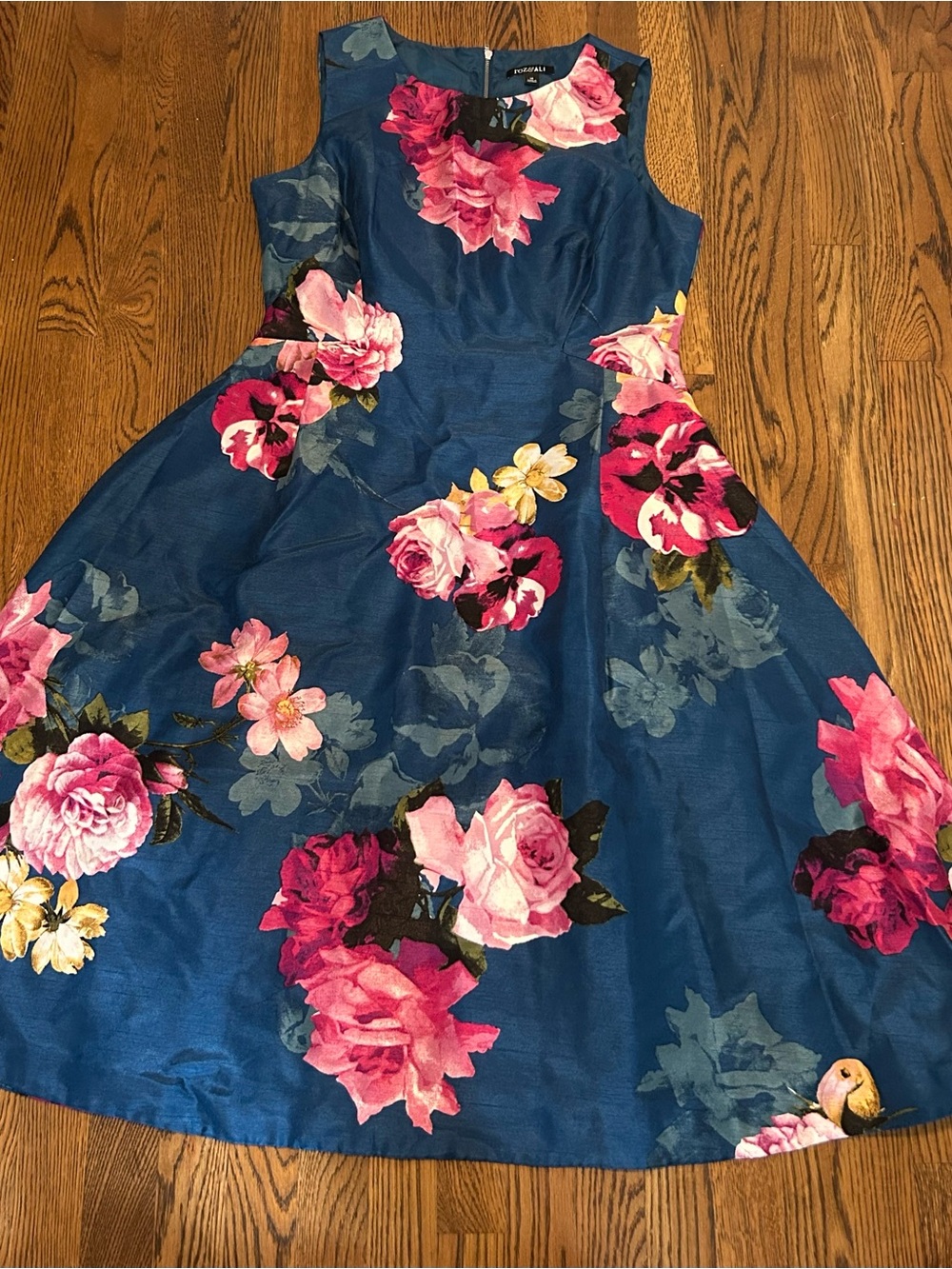 Roz & Ali Formal Teal Navy Floral Midi Cocktail Dress with Pink Blooms - Picture 3 of 11